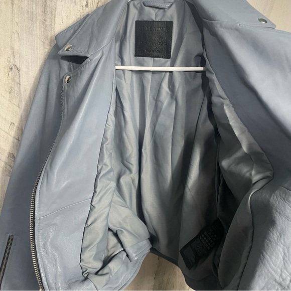 All Saints Moto Biker Zippered Belted 100% Lamb Leather Jacket size 0 Blue Gray - Picture 10 of 11